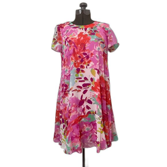 Eliza J Pink and Orange Floral Water Color Short Sleeve Shift Dress Size 6 - Picture 1 of 12
